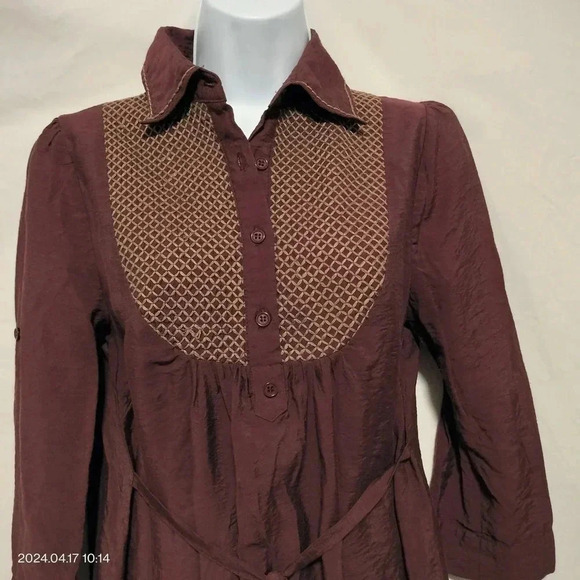 MINE size Medium Long Sleeves Smock Bodice Button Up Mini Belted Dress Burgundy - Picture 3 of 8
